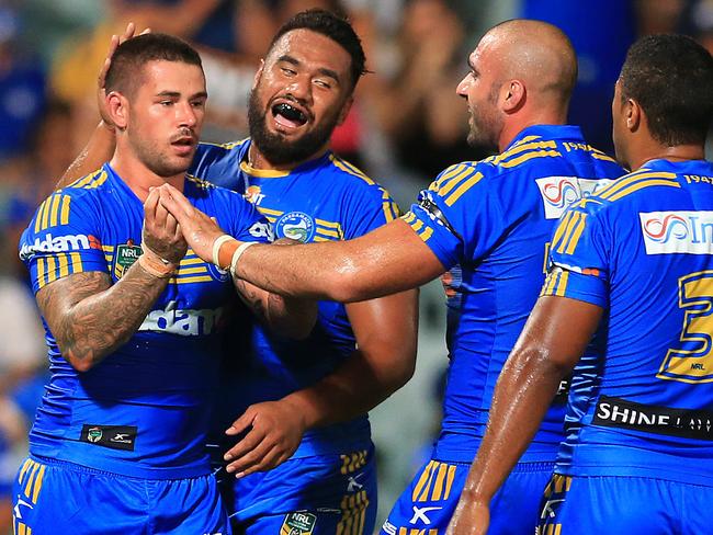 the Eels' Nathan Peats celebrates a try during the Parramatta Eels v North Queensland Cowboys NRL round 2 game at Pirtek Stadium, Parramatta. pic Mark Evans