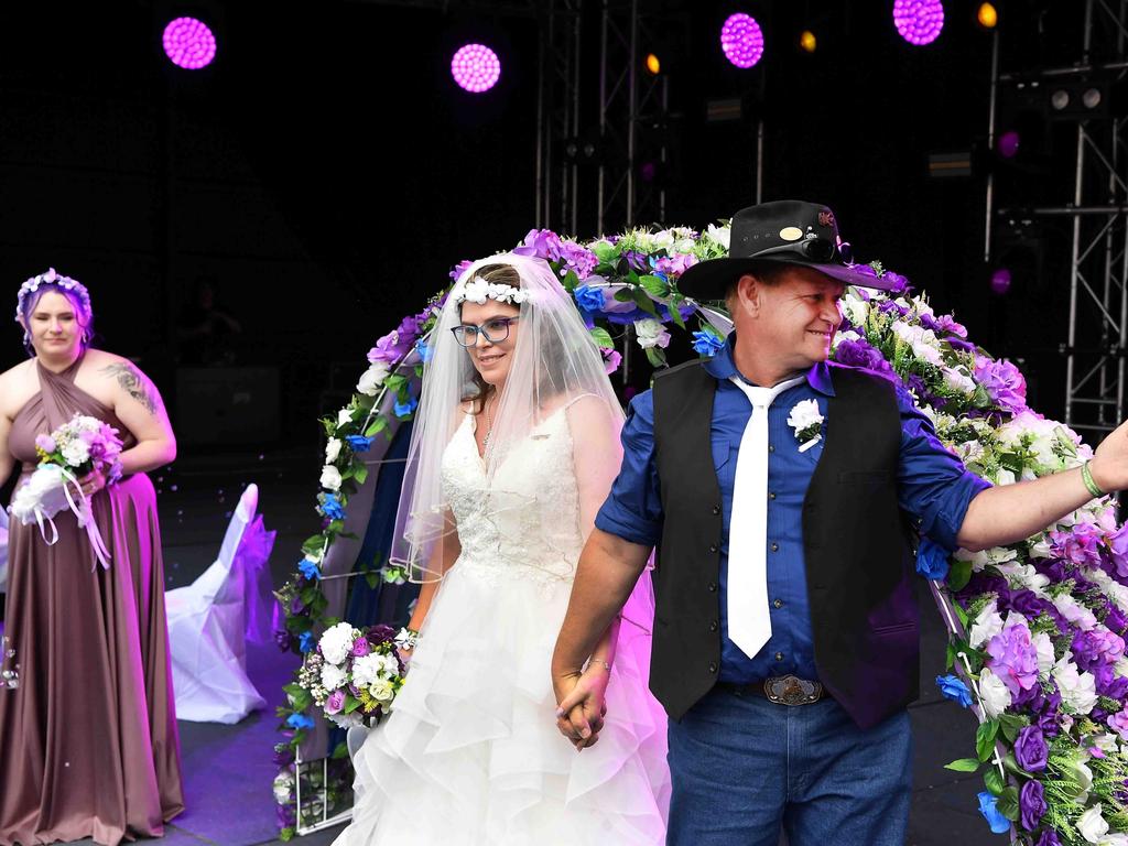 Simone Ward and Geoffrey Borninkhof, were married on The Hill Stage at Gympie Music Muster. Picture: Patrick Woods.