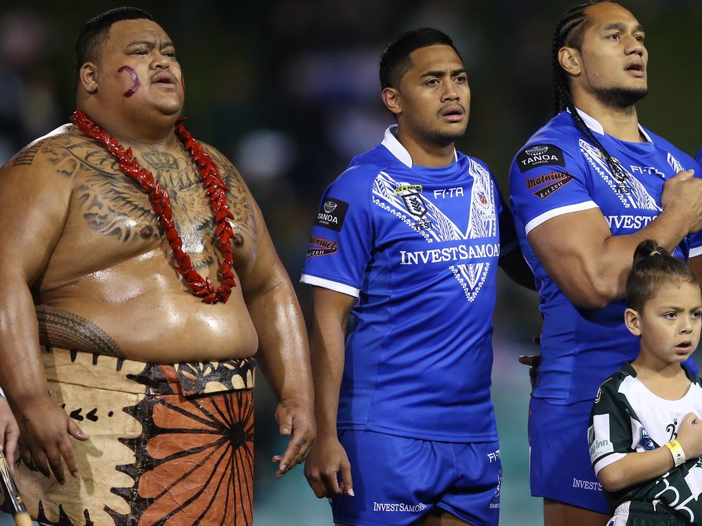 Anthony Milford and Marty Taupau playing for Samoa in 2019. Picture: Jason McCawley/Getty Images
