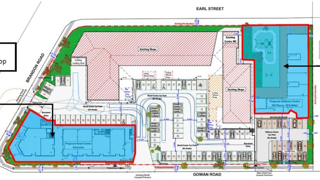 Floor plan of proposed additions to Gowan Village Shopping Centre. The childcare centre would be at top right, with the three-storey building on bottom left. Picture: Development.i/ Town Planning Alliance