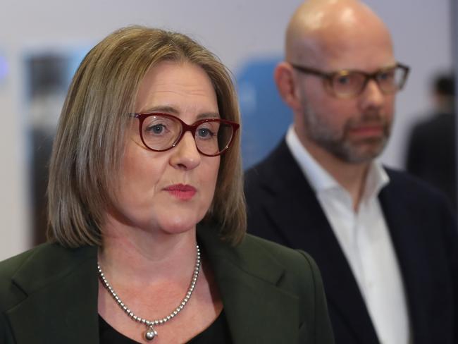 Victorian Premier Jacinta Allan holds a door stop press conference outside a Housing conference in Melbourne along with Jeroen Weimar who is heading up the governments housing policy. Monday, August 5. 2024. Picture: David Crosling