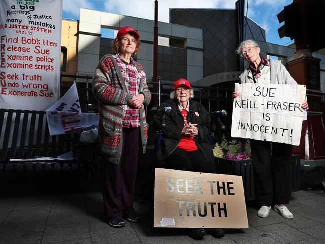 Sue Neill-Fraser supporters Bettie Bamford, Lynn Giddings and Jennie Herrera. Picture: NIKKI DAVIS-JONES