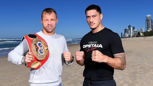 Latvian “beast” Mairis Briedis (left) is returning to Australia to fight Justis Huni in his mission to eventually seek a world-title re-match with Jai Opetaia (right).