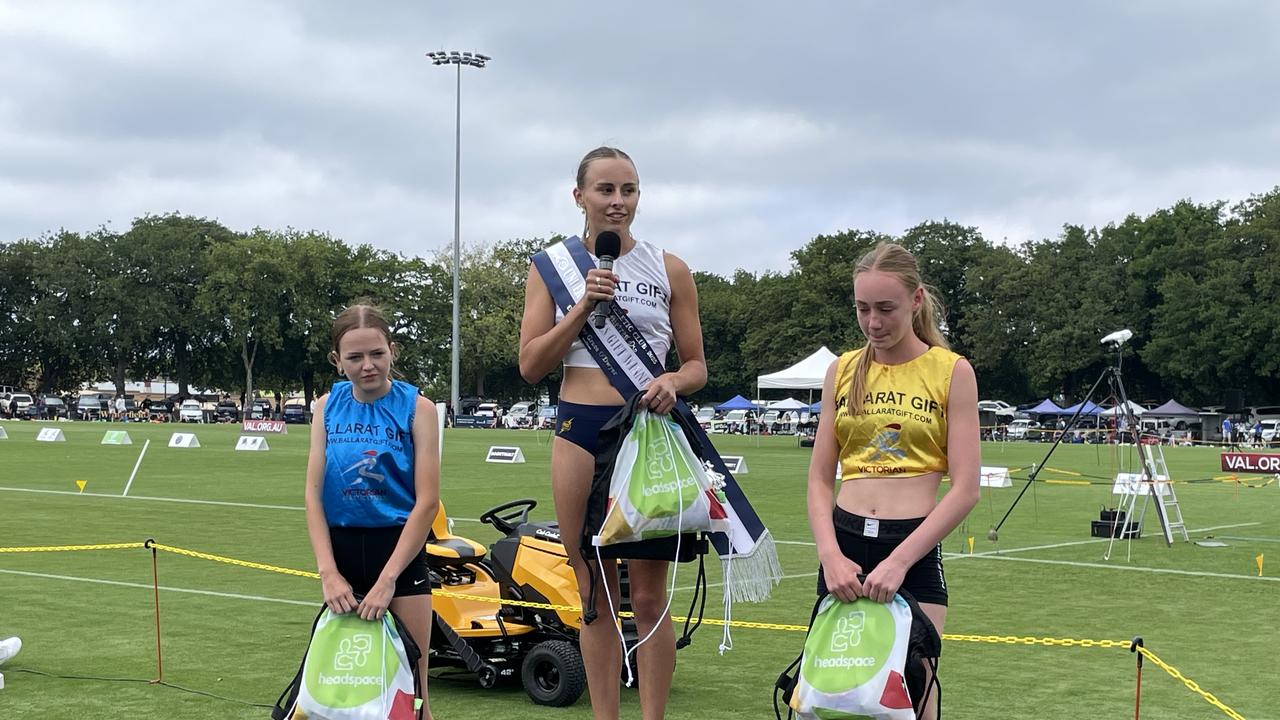 Olivia Parnell wins the under-18 girls at the Ballarat Gift. Sophie Burrows and Jazmyn Cartledge finished second and third. Picture: Shane Jones.