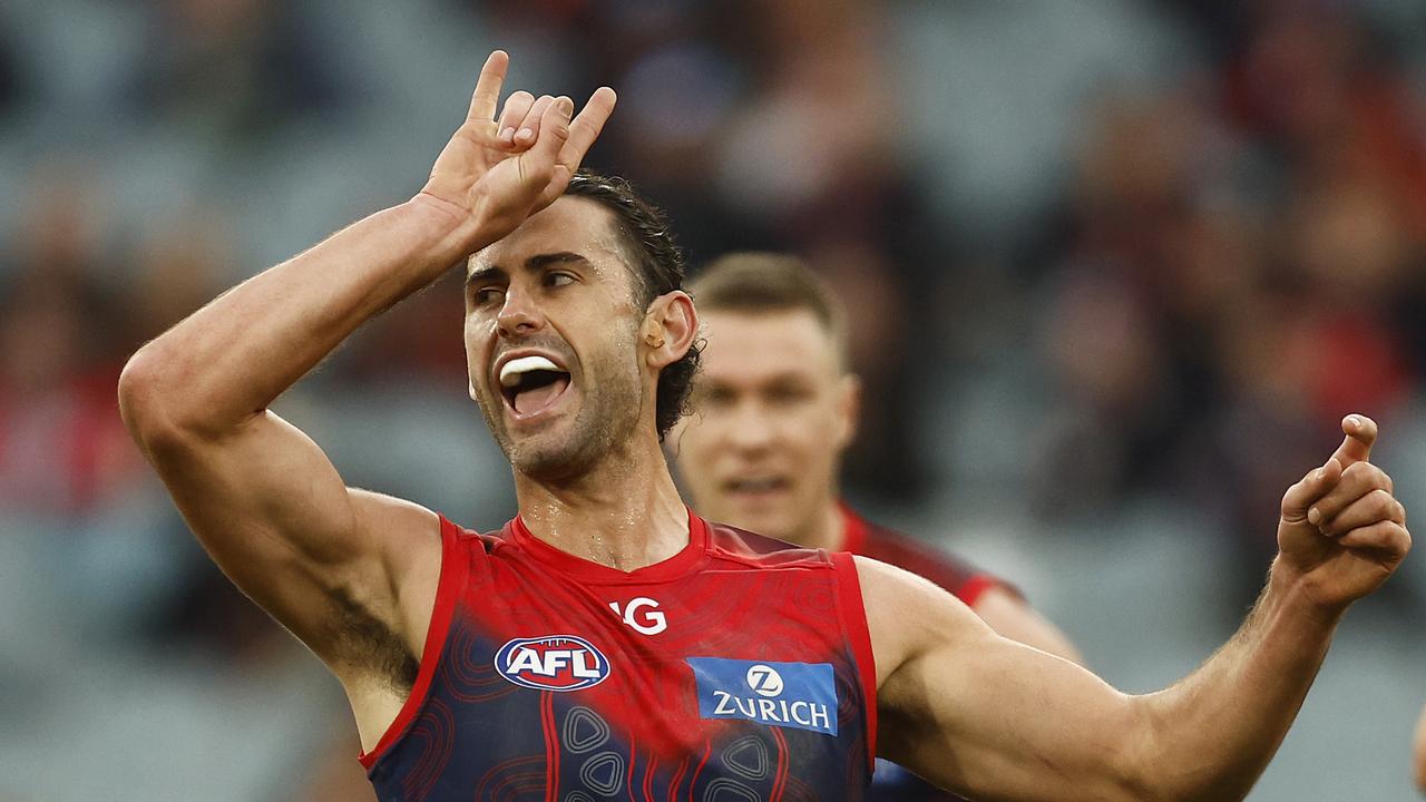 MELBOURNE, AUSTRALIA - MAY 27: Brodie Grundy of the Demons celebrates kicking a goal during the round 11 AFL match between Narrm Football Club / Melbourne Demons and Walyalup / Fremantle Dockers at Melbourne Cricket Ground, on May 27, 2023, in Melbourne, Australia. (Photo by Daniel Pockett/AFL Photos/via Getty Images )