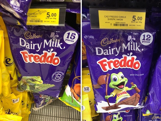 Same-same but different: Freddo share packs have shrunk from 15 pieces to 12 but the price remains the same.