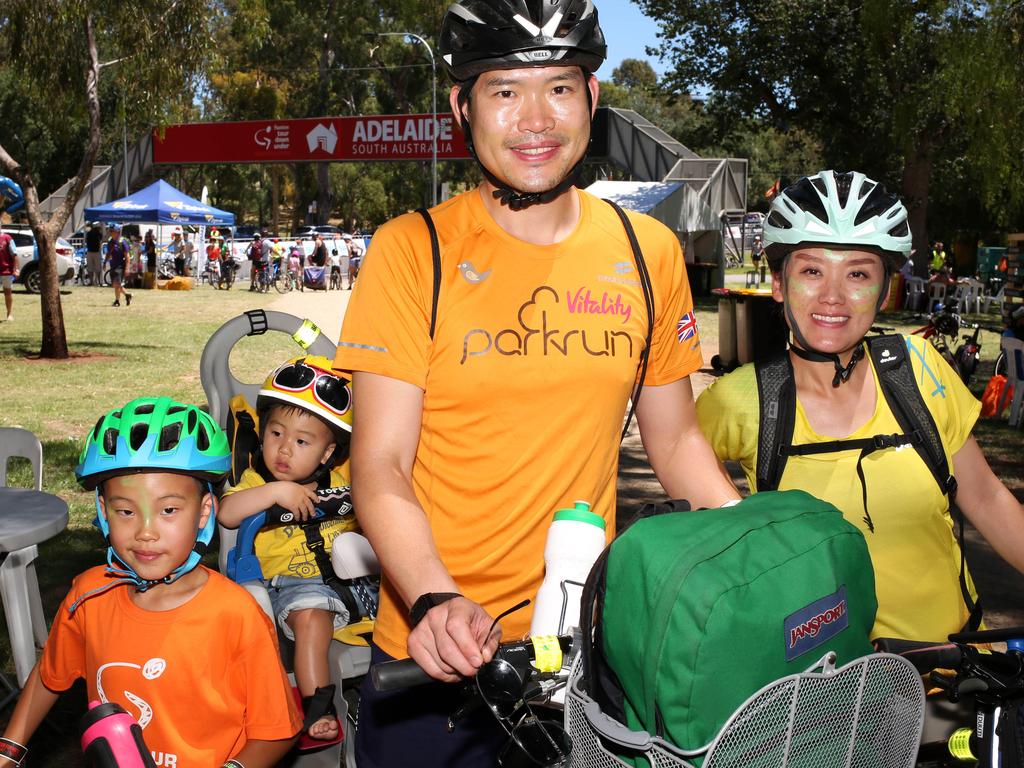 The Wang family – Harrison, 7, Matthew, 1, Harry and June at the Santos TDU, Stage 4 Adelaide Street Circuit, on Sunday, January 13. Picture: AAP/Emma Brasier