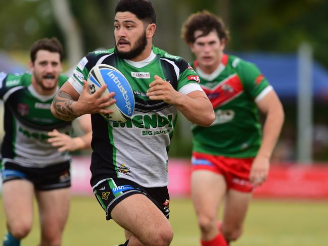 Zach Docker-Clay runs to score for the Blackhawkes against Wynam Manly in the 2018 Queensland Cup. Picture: Evan Morgan