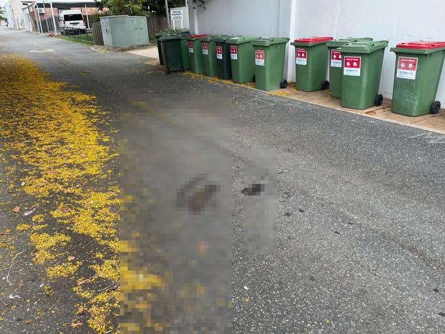 What appears to be bloodstains in the laneway where a man suffered fatal injuries from fall from an upper level balcony of Alma St flats in Rockhampton.