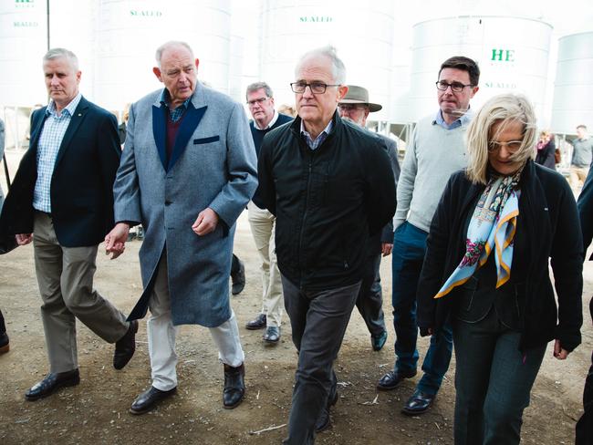 19-08-18 - Prime minister Malcolm Turnbull visits HE Silos in Forbes NSW. L- R Deputy PM Michael McCormack, HE Silos General Manager Steve Loan, Minister for Agriculture and Water resources David Littleproud and Lucy Turnbull.  Picture By Susan Hodge