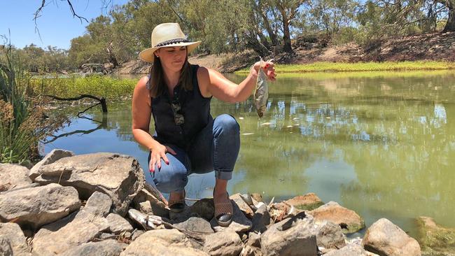 Senator Sarah Hanson-Young holding a dead fish at Menindee. Picture supplied