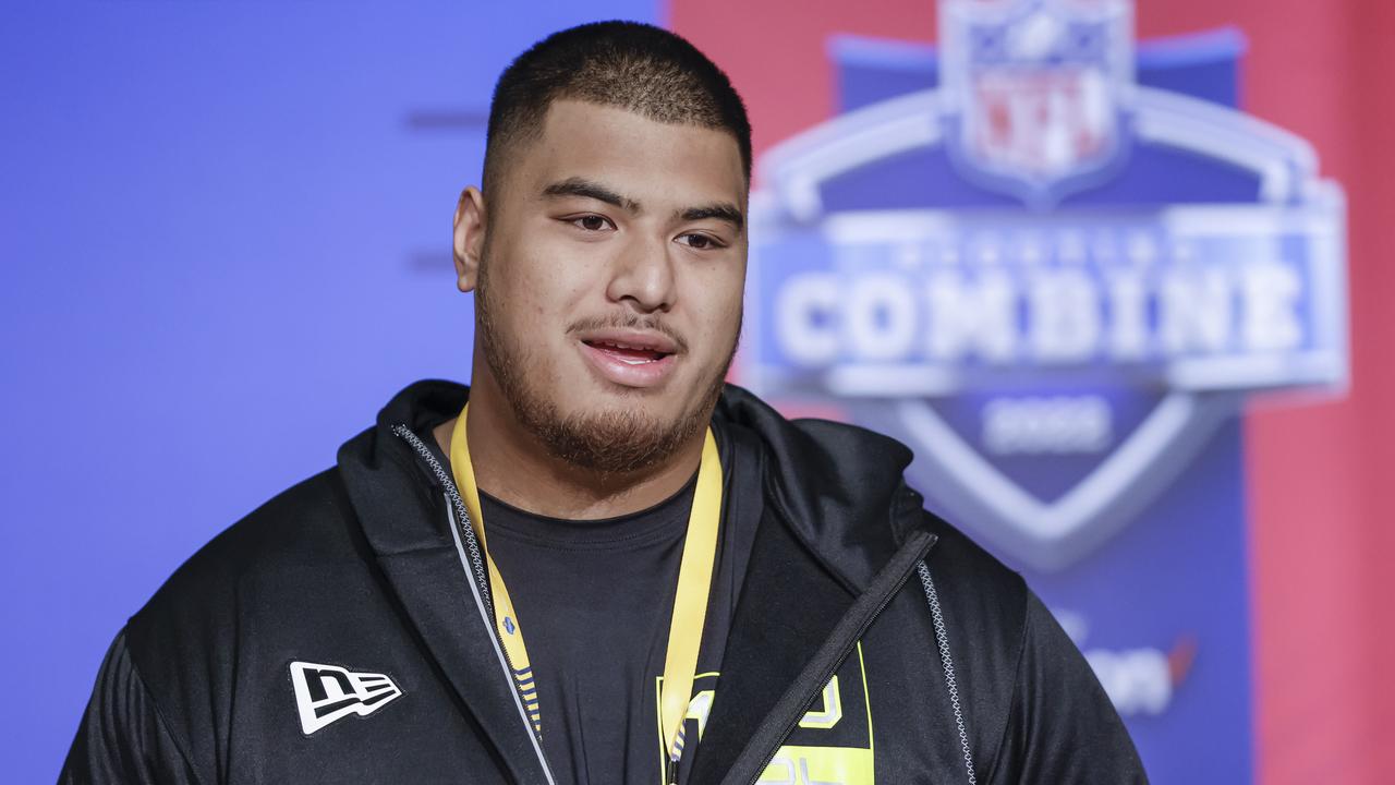 Daniel Faalele speaks to reporters during the NFL Draft Combine. (Photo by Michael Hickey/Getty Images)