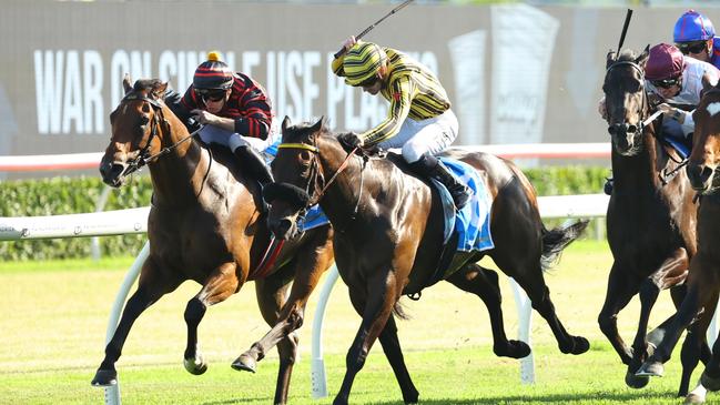 Jedibeel bursts through a small gap to win the Razor Sharp Handicap at Randwick on Saturday. Picture: Jeremy Ng/Getty Images