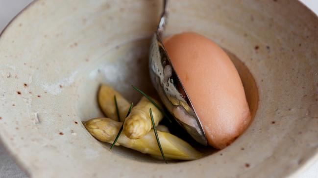 Interesting and alluring: white asparagus with rockmelon, lemon myrtle and Geraldton wax.