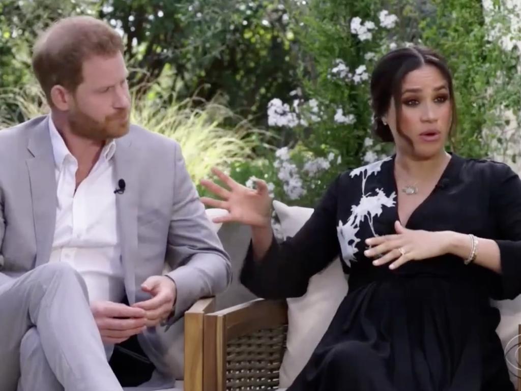 Harry and Meghan with Oprah. Picture: CBS