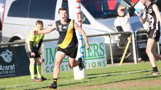 Woorndoo Mortlake's James Coghlan-West celebrates a goal. Picture: Tracey Kruger.