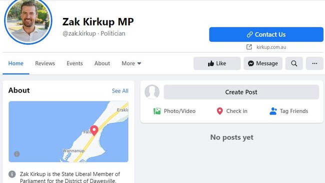 WA Liberal leader Zak Kirkup's Facebook page today.