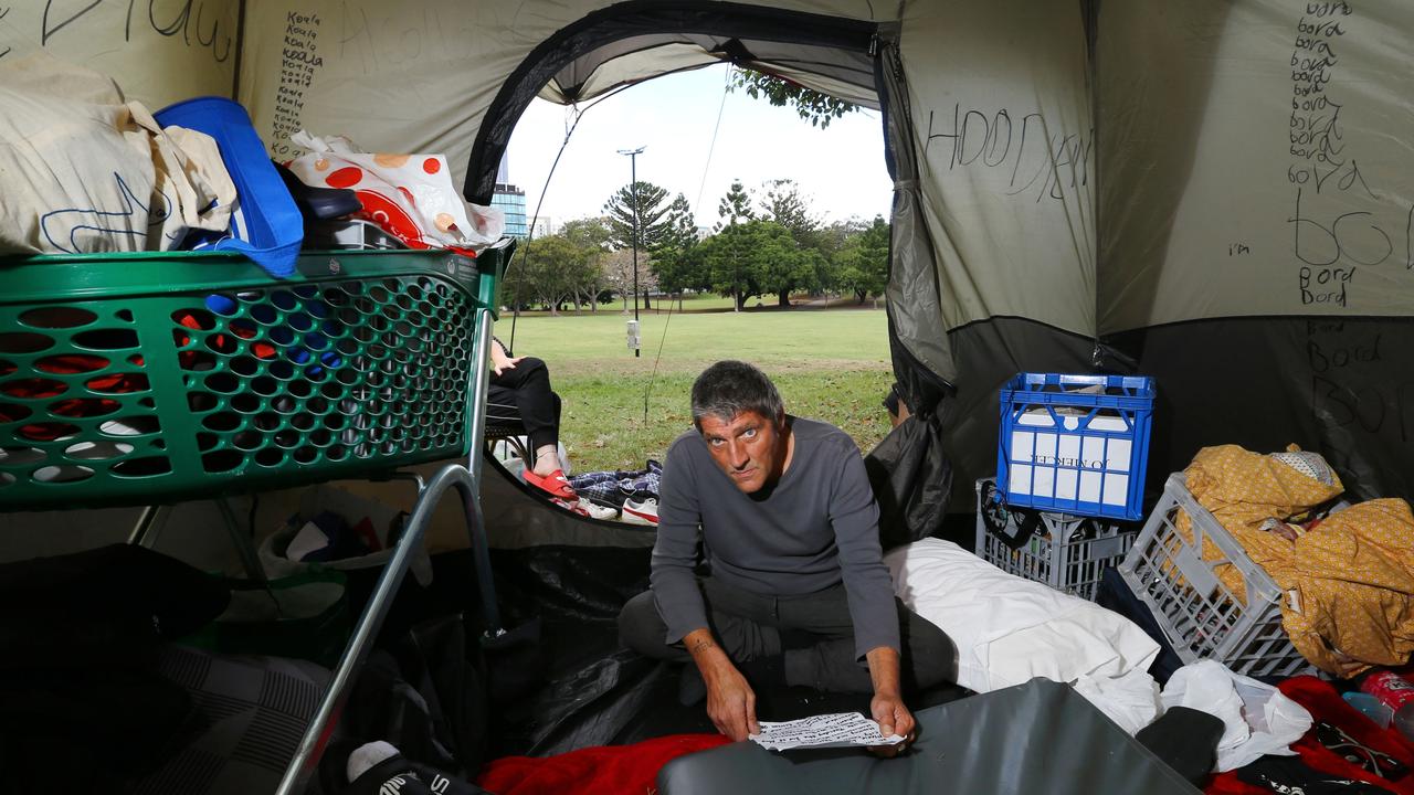Darren Stanley, one of the homeless people living at Musgrave Park, reacts after learning he will not be asked to move while Brisbane hosts the Paniyiri Festival. Picture: David Clark