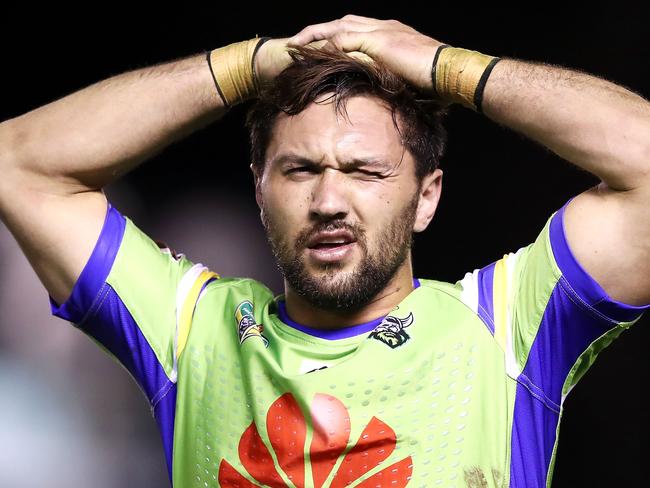 SYDNEY, AUSTRALIA - JULY 20: Jordan Rapana of the Raiders looks dejected after defeat during the round 19 NRL match between the Cronulla Sharks and the Canberra Raiders at Southern Cross Group Stadium on July 20, 2018 in Sydney, Australia. (Photo by Mark Kolbe/Getty Images)