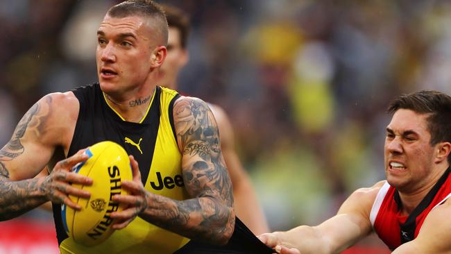 Dustin Martin breaks a tackle on Sunday. Picture: Michael Klein