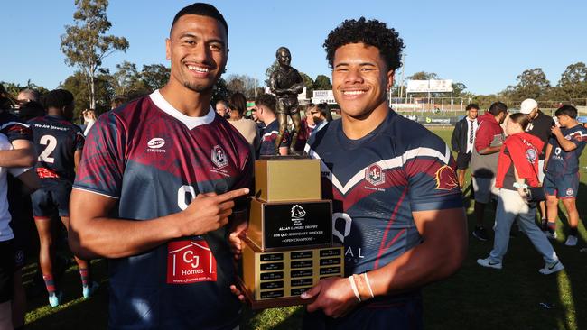 Ipswich SHS alumni, Cronulla’s Ronaldo Mulitalo, with Ipswich captain Josiah Pahulu. Picture: NIGEL HALLETT