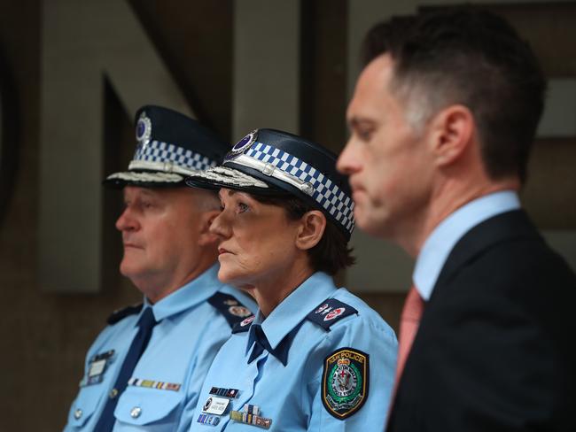 NSW Deputy Police Commissioner Peter Thurtell, left, NSW Police Commissioner Karen Webb, centre, and NSW Premier Chris Minns hold a press conference in the wake of Monday’s stabbing, now labelled a terror attack.