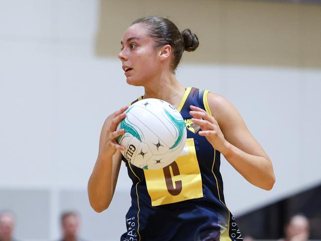 Keighley Starrett in action for Hawks during Round 1 of the 2025 Victorian Netball League season. Picture: Grant Treeby/Netball Victoria