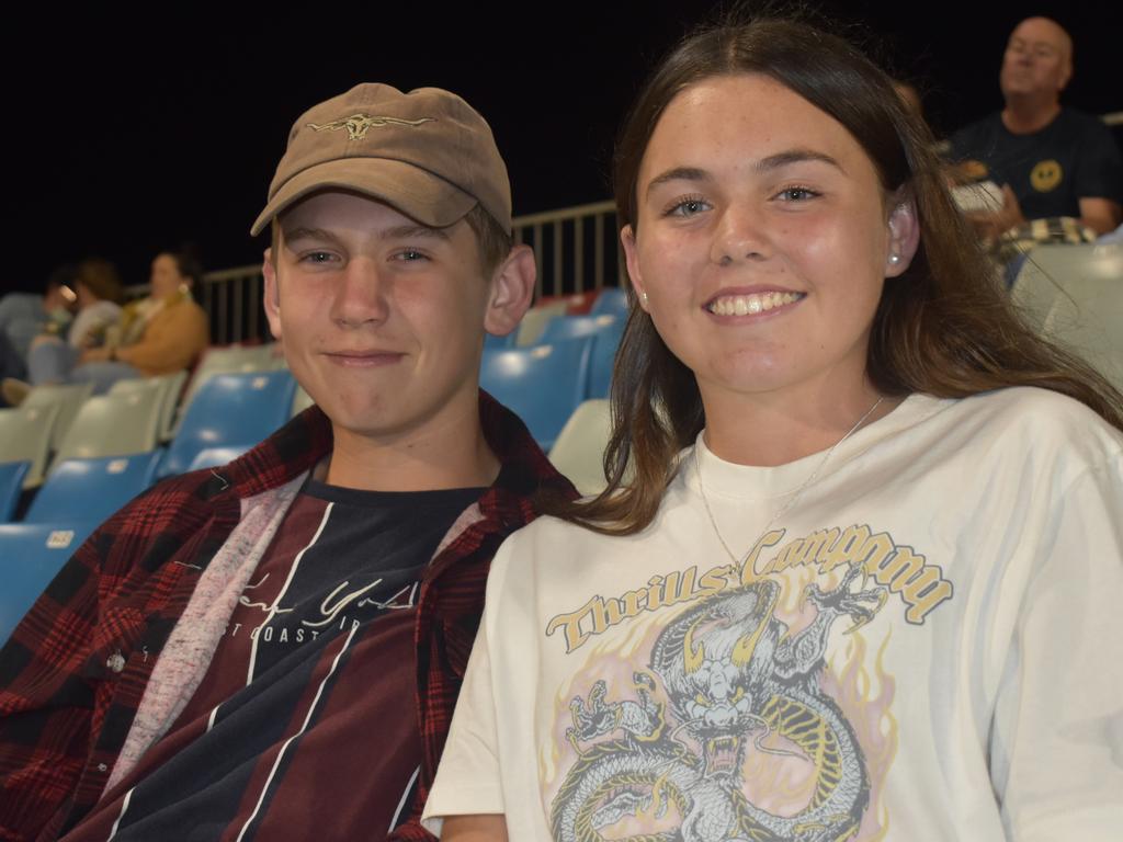 Sam Anderson (left) and Sophie Hodder at the Manly Sea Eagles v Sydney Roosters NRL semi final match at BB Print Stadium, Mackay, September 17, 2021. Picture: Matthew Forrest