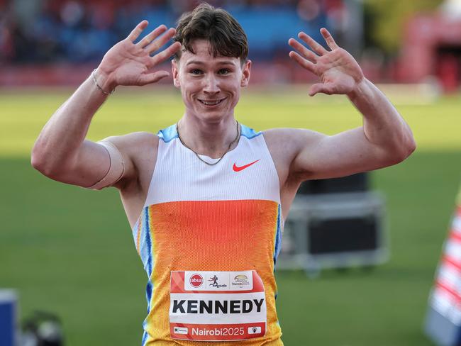 Australia's Lachlan Kennedy reacts after winning the Men's 100m event ahead of South Africa's Bayanda Walaza and Kenya's Ferdinand Omanyala (both unseen) at the ABSA Kip Keino Classic - World Continental Tour Gold in Nairobi on May 31, 2025. (Photo by Tony KARUMBA / AFP)