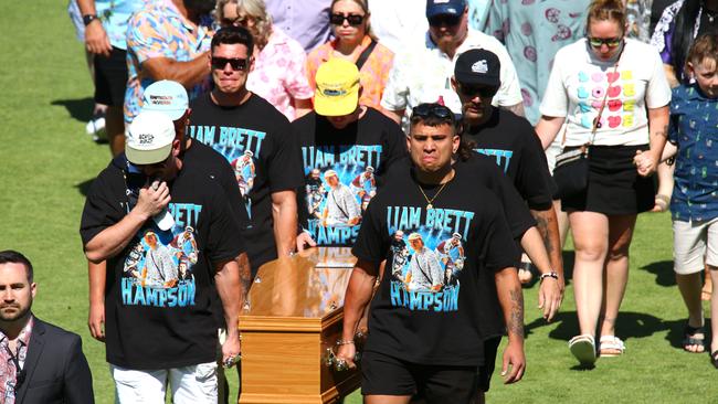 Riki (back left) helped carry Hampson’s coffin at his funeral in November 2022. Picture: David Clark.