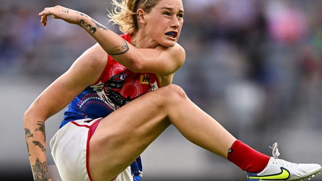 Melbourne’s Tayla Harris kicks for goal against Fremantle.