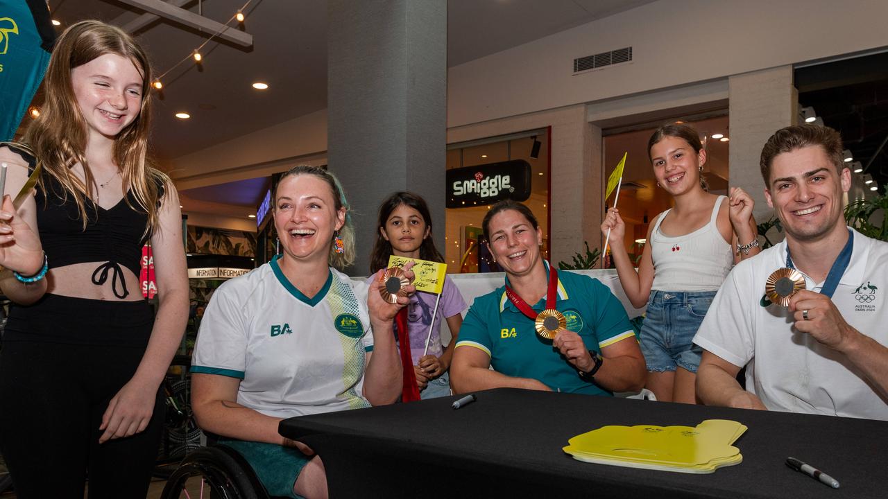 Ivy-Rose Habgood, Shae Graham, Zahra Hoare, Nikki Ayers, Saoirse Hoare and Matthew Glaetzer at the Olympic and Paralympic teams Welcome Home Celebrations at Casuarina shopping centre, Darwin, Oct 2024. Picture: Pema Tamang Pakhrin