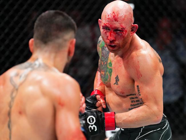 Josh Emmett (R) was worse for wear after fighting Topuria (L). Picture: Josh Hedges/Zuffa LLC