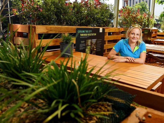 Executive Director of the Property Council of Australia Ruth Palmer out front of the Eco Cafe with the recent installation of the Cooling and Revitalising Pop-Up Project, which will be around the Darwin CBD, Picture: Justin Kennedy