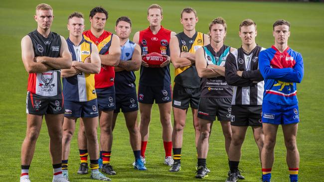 SFL Season launch R-L Captains; New Norfolk Josh Farrow, Sorell Mark Johnson, Dodges Ferry, Campbell Hooker, Lindisfarne Jack Gleeson, Brighton Connor Salter, Hobart Brad Joseph, Cygnet Rhys Jennings, Claremont Jake Williams and Huonville Callum Rawson. Picture: Richard Jupe