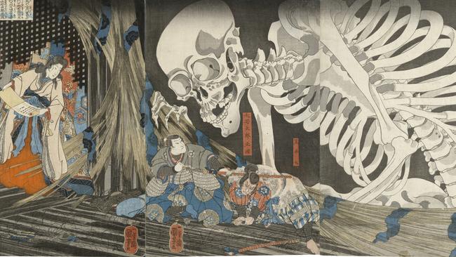 Utagawa Kuniyoshi’s Mitsukuni defies the skeleton spectre conjured up by Princess Takiyasha (1845–46). © The Trustees of the British Museum