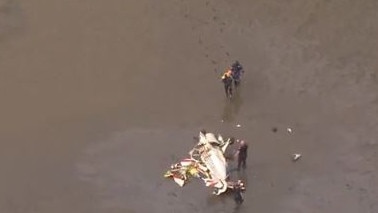 Emergency crews walk across the mudflats. Photo: 7 News Brisbane