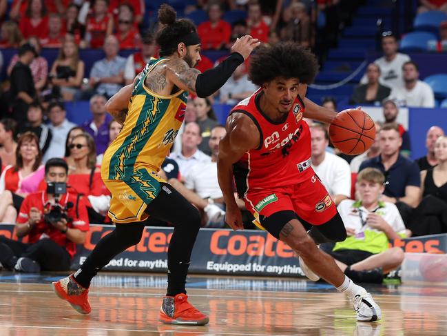 Tai Webster of the Wildcats in action during game three of the NBL semifinal series between Perth Wildcats and Tasmania Jackjumpers at RAC Arena on March 13, 2024 in Perth, Australia. (Photo by Will Russell/Getty Images)