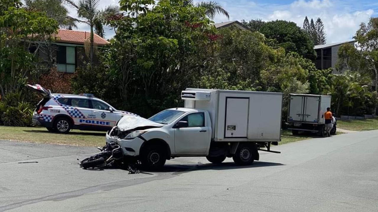 The scene of a car and motorbike crash at Peregian Beach on Tuesday, February 7.