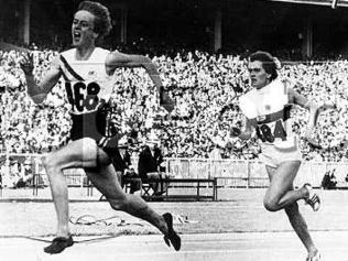 Aus., Melbourne, Olympics, 1956: Betty Cuthbert (Australia) at the finish of the women's 200m final, ahead of Christa Stubnik...