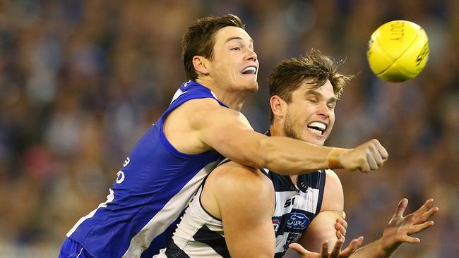 Nathan Grima spoils Tom Hawkins mark attempt while playing for North Melbourne. Picture: Michael Klein.