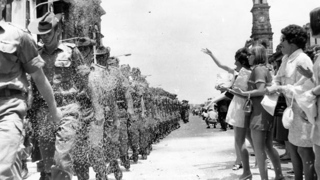 Australian Army troops march during a parade for returned Vietnam War soldiers in King William Street, Adelaide in 1969. Photo: Unidentified photographer