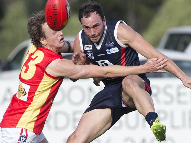 INTERLEAGUE FOOTY AND NETBALL Footy: RDFL v West Gippsland at Tony Clarke Reserve, Macedon.RDFL No 10 Andrew Saladino and West Gippsland No. 13Michael Whyte in action. Picture: Sarah Matray