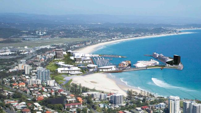 Artist impressions of cruise ship terminal, integrated resort and global tourism hub proposed for Tugun on the Gold Coast.