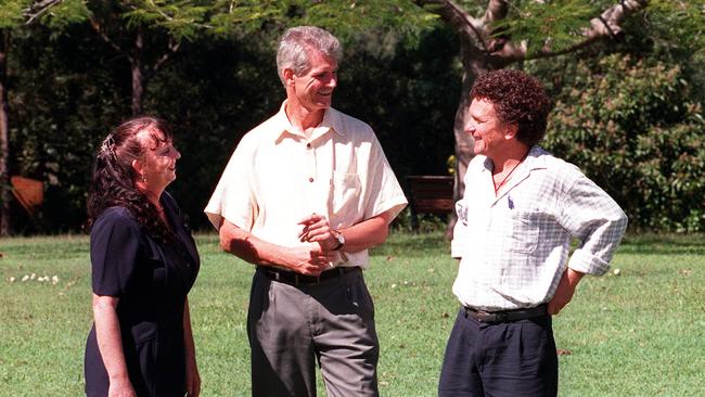 April 26, 1998: Chris Gwin (pictured right) with fellow Greens Senate candidates Desiree Mahoney (deceased) and Greens co-founder Drew Hutton. Photo: Graham Hutton