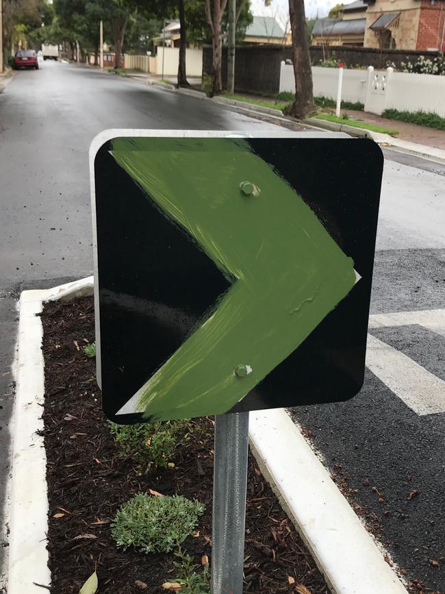 Defaced signs on Weller St at Goodwood. Picture: Jessica Adamson