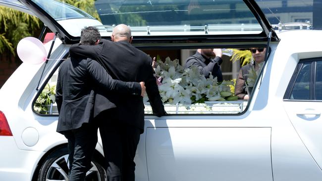 Celeste Manno's father Tony and uncle Gabriel at her funeral in Whittlesea. Picture: Andrew Henshaw