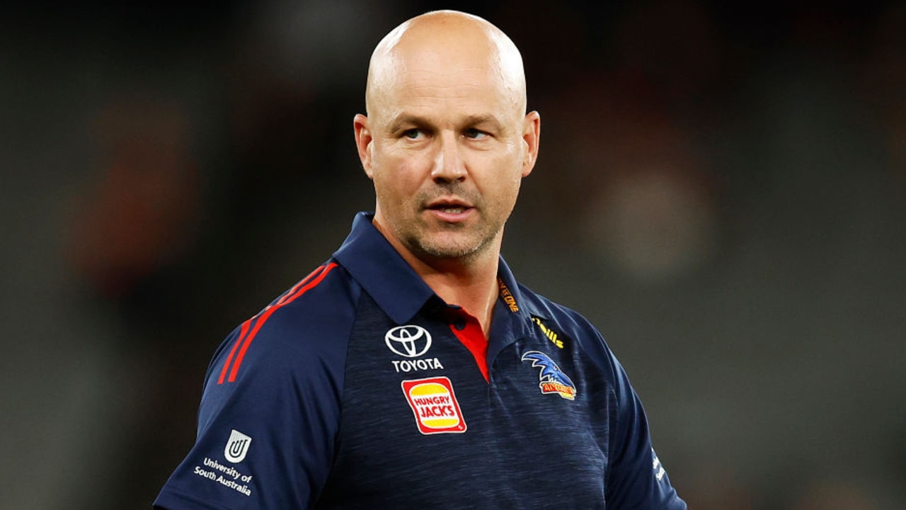 MELBOURNE, AUSTRALIA - APRIL 10: Crows Head coach Matthew Nicks looks on before the round four AFL match between the Essendon Bombers and the Adelaide Crows at Marvel Stadium on April 10, 2022 in Melbourne, Australia. (Photo by Daniel Pockett/Getty Images)