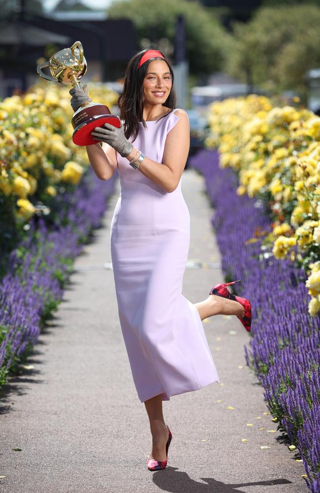 Jess Gomes dressed in Toni Maticevski with the Lexus Melbourne Cup. Picture: David Caird