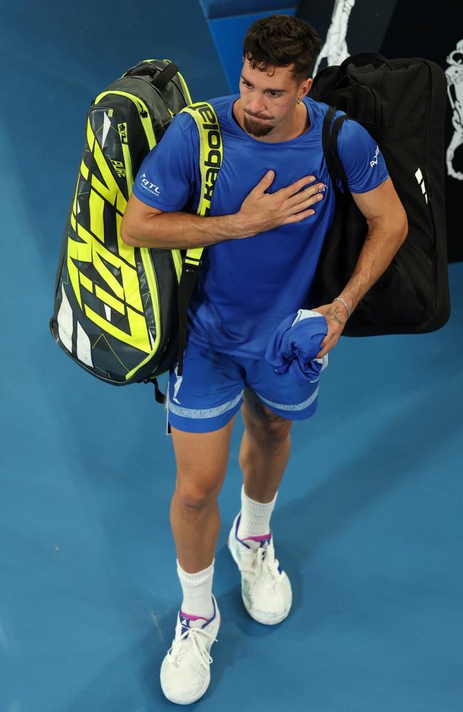 Thanasi Kokkinakis acknowledges the crowd as he leaves John Cain Arena after his loss to Jack Draper. Picture: Clive Brunskill/Getty Images